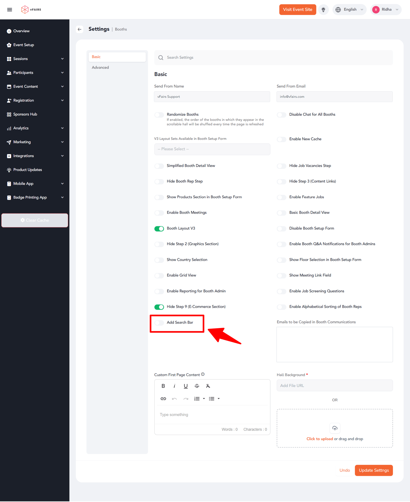 How to add a booth search bar in the exhibit hall